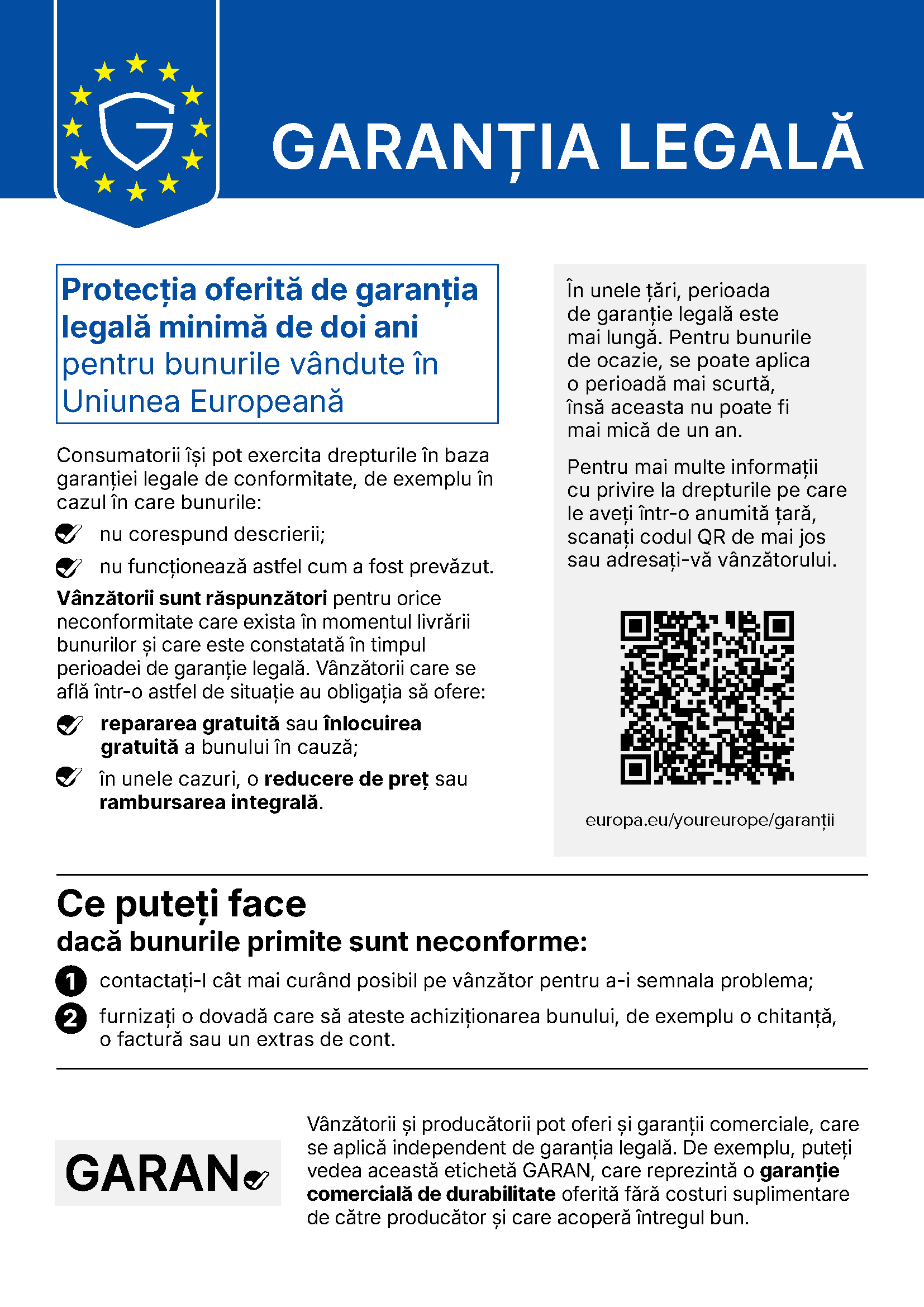 Notificarea oficială în română privind garanția legală de conformitate. Versiunea text este disponibilă mai jos.